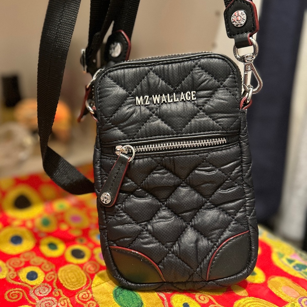 MZ Wallace Black Quilted Crossbody Bag with Red Accents